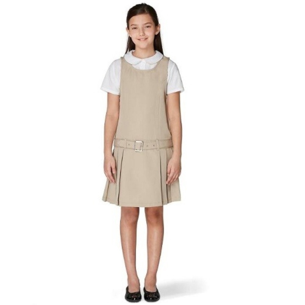 FRENCH TOAST PLEATED BELTED JUMPER - BEIGE MULTI SIZES (NEW WITH TAGS) A13